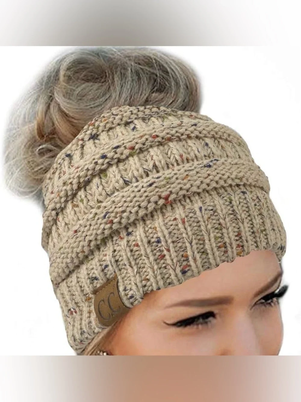 C.C Messy Bun Beanie Tail Chunky Knit Stretch Confetti Ponytail Beanie